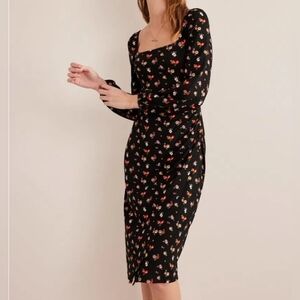 Boden Square Neck Jersey Midi Wrap Ruched Dress Black Floral Size 6